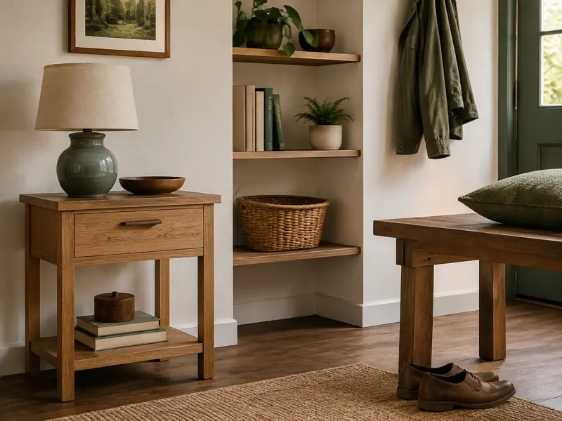 Illustrative wooden side table, shelving and home bench projects