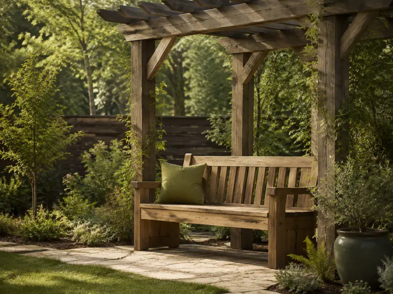 Illustrative outdoor wooden bench and pergola project