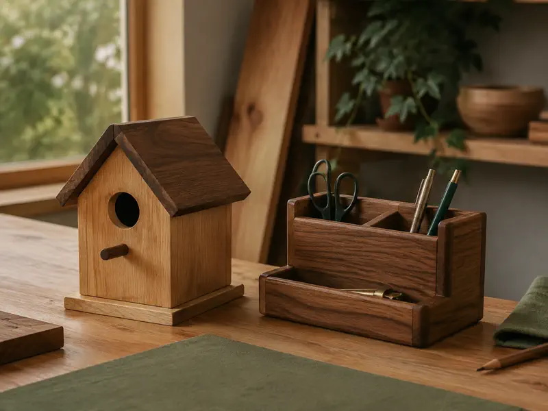 Illustrative small wooden birdhouse and organizer projects