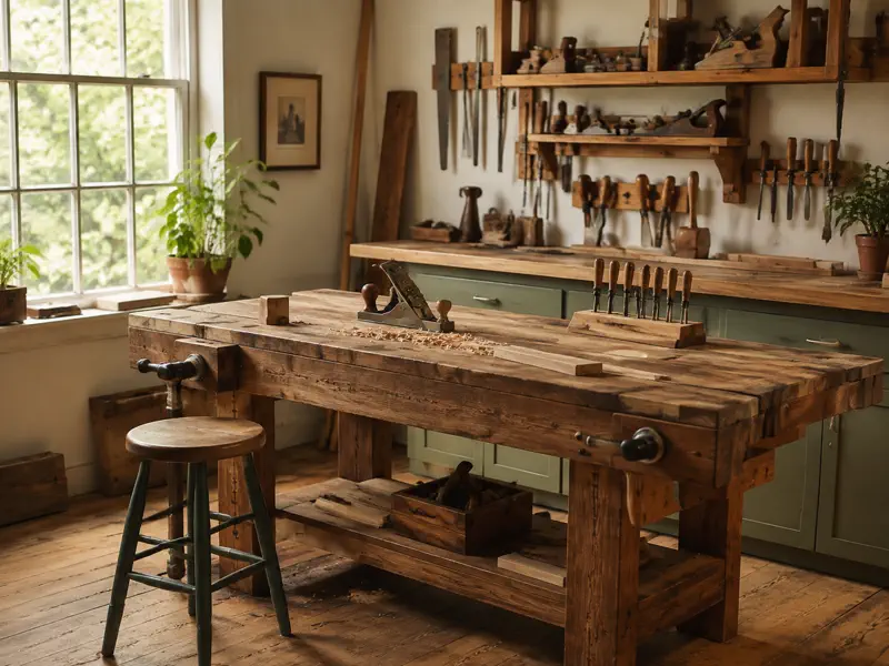 Illustrative woodworking bench in an organized workshop