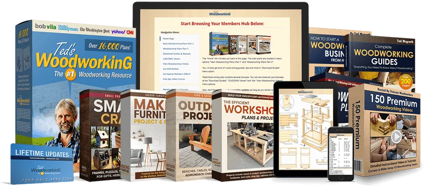 TedsWoodworking product bundle showing plan library, project guides, videos and woodworking resources