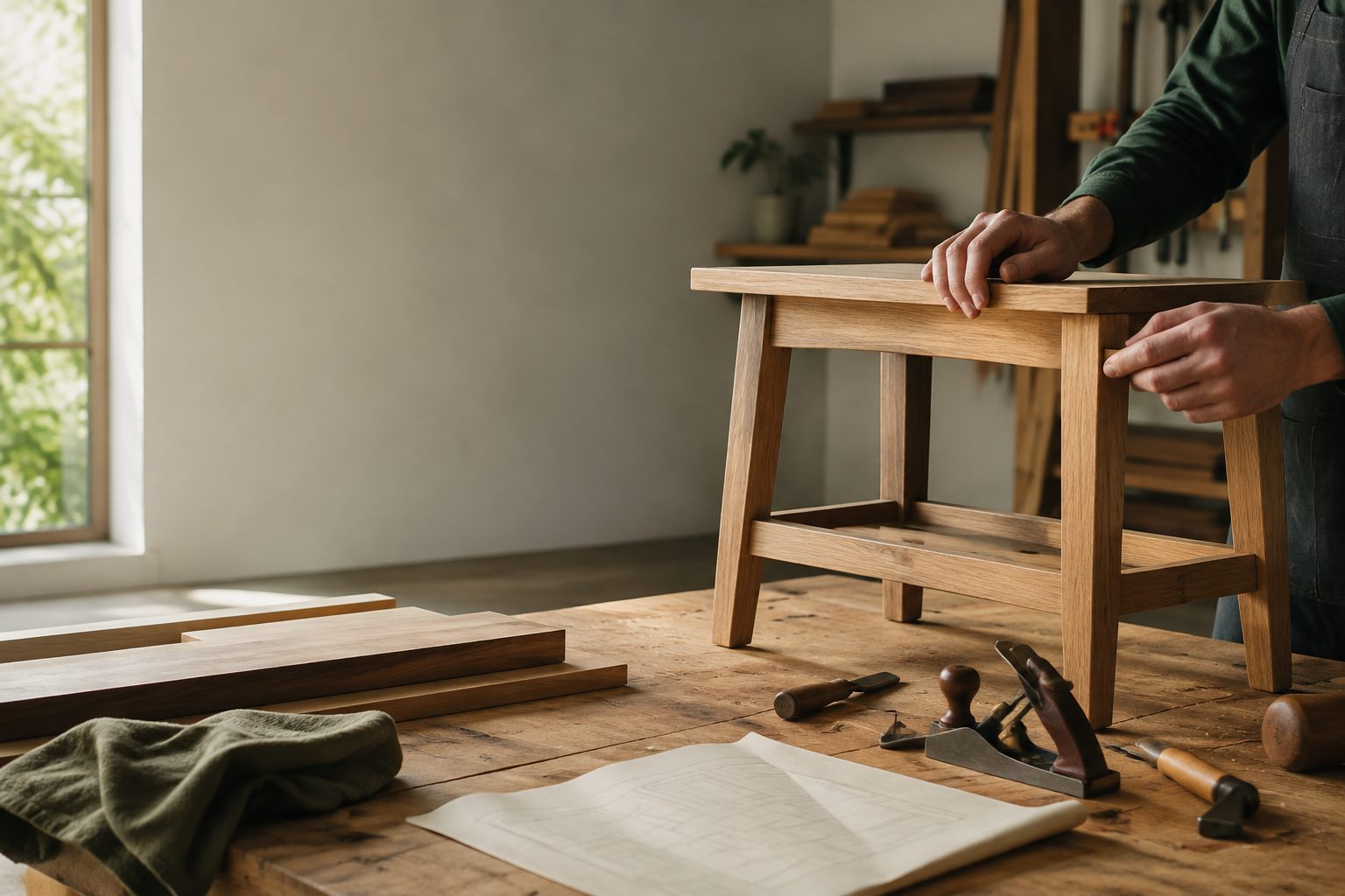 A woodworker checking the joinery on a small oak table in a bright workshop